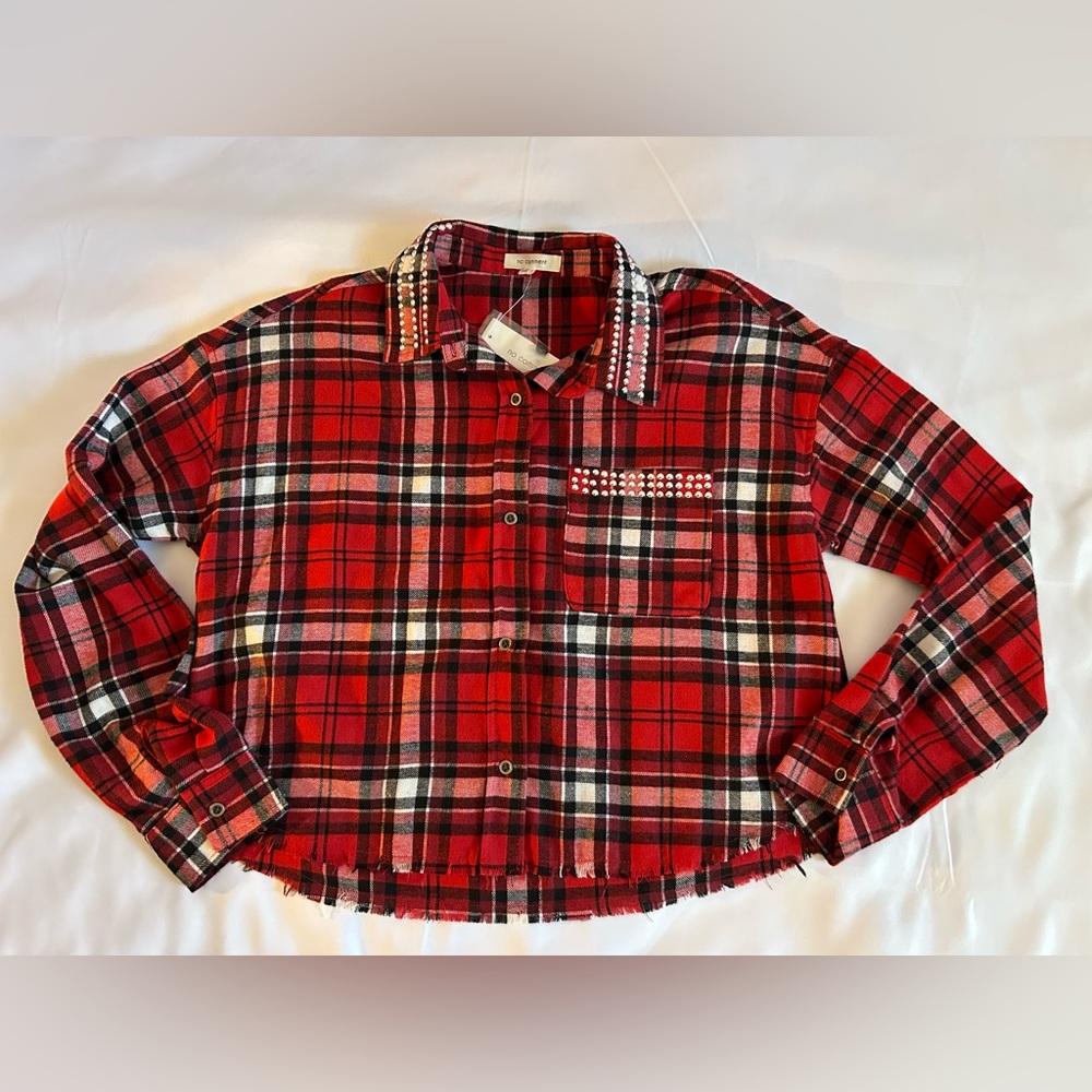 NWTs Red Plaid Flannel Button Down Crop Top with Embellishments Size Medium